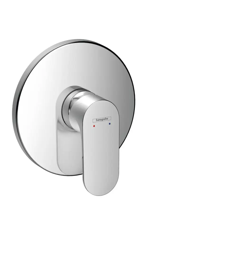 Hansgrohe Einhebel-Brausemischer in Chrom, Unterputzmontage. Rundes Gehäuse mit Hebel zur Temperatur- und Durchflussregulierung, erkennbar durch rote und blaue Markierungen.